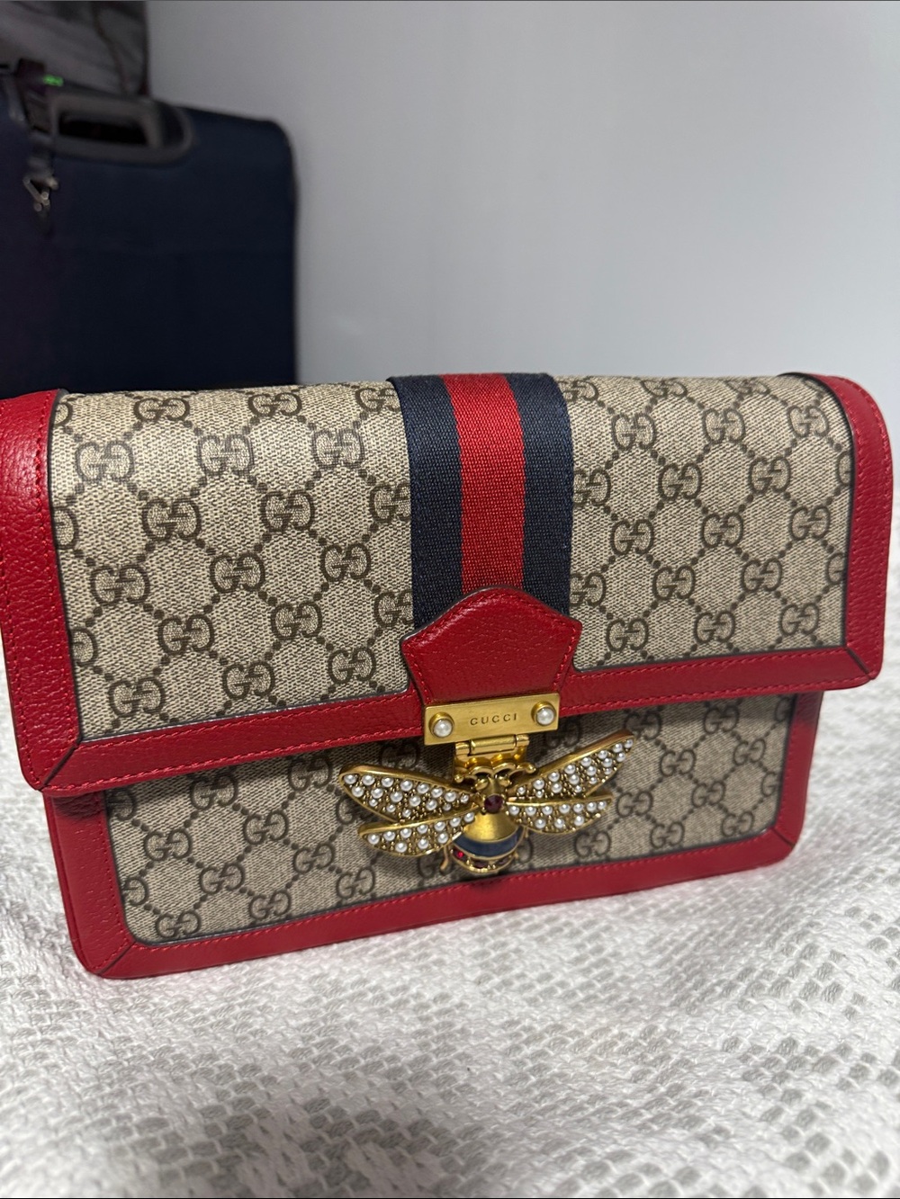 Gucci Beige & Red GG Supreme Crossbody with Bee Accent
